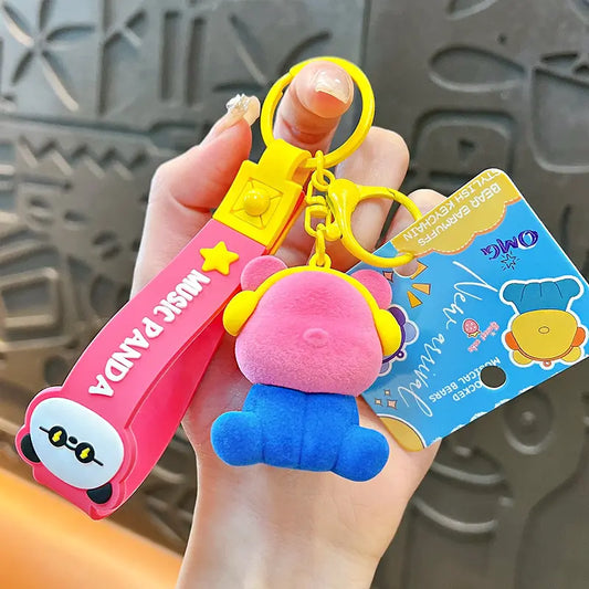 Cute Color Matching Flocking Earphone Bear Keychain Pendant