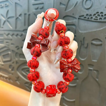Red Bow Beaded Phone Chain Keychain Pendant