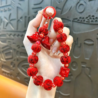 Red Bow Beaded Phone Chain Keychain Pendant
