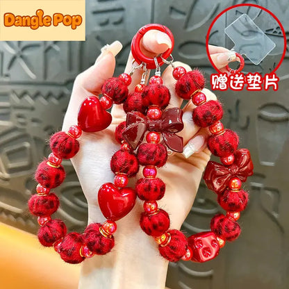Red Bow Beaded Phone Chain Keychain Pendant