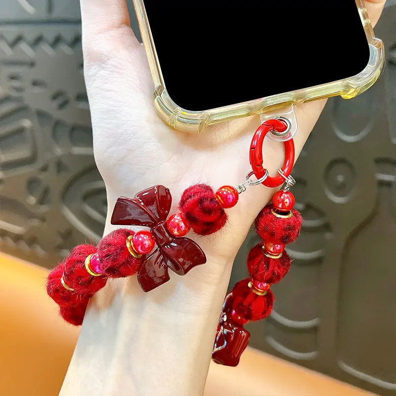 Red Bow Beaded Phone Chain Keychain Pendant
